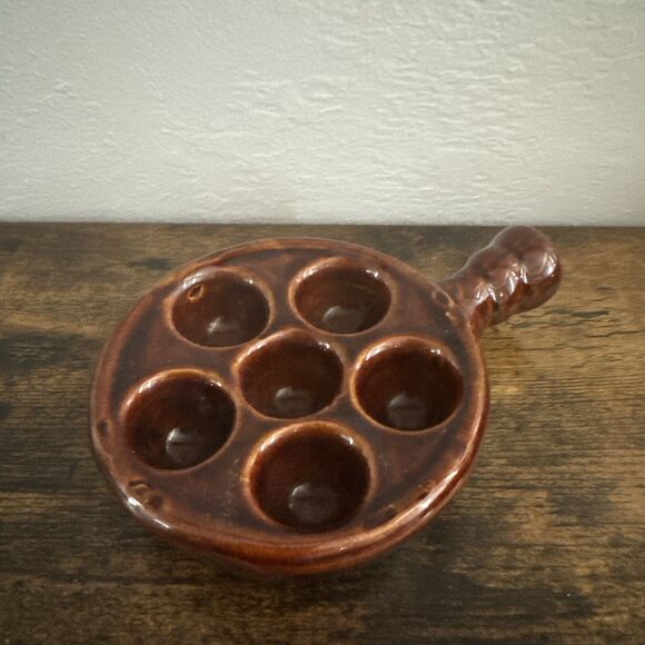 Vtg Escargot Mushroom Pottery Baking Dishes Brown Holds 6 Made In Taiwan - Picture 1 of 4